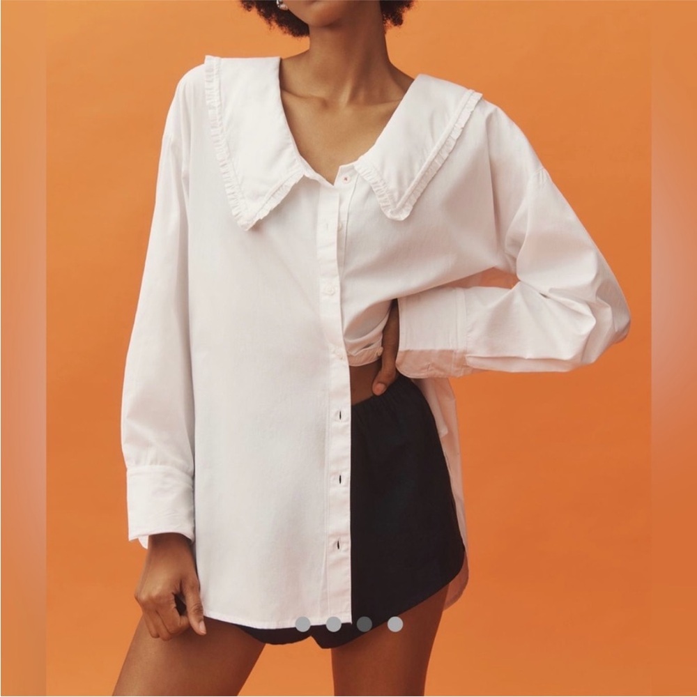 Anthropologie Maeve White Ruffle Collar Button-Down Shirt